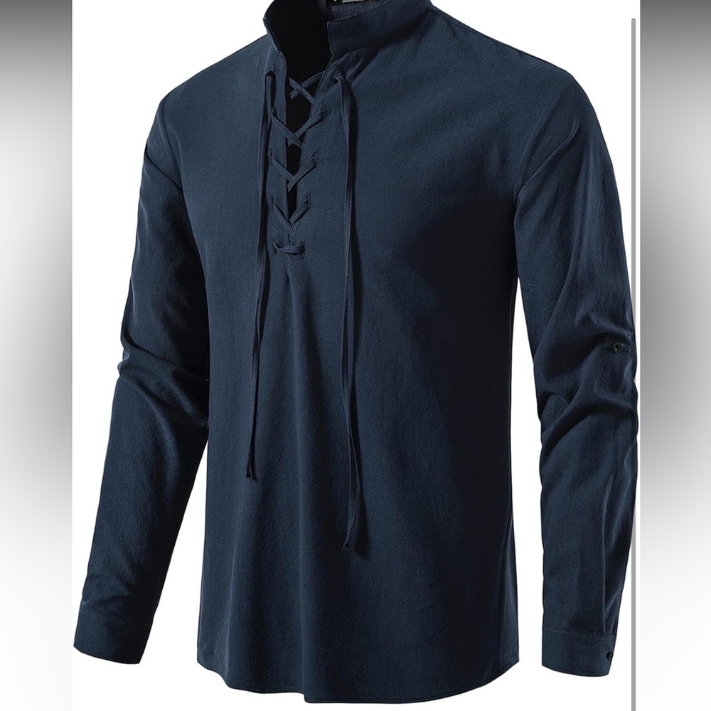 Blue Long Sleeve Viking style Tee with Lace-Up Detail